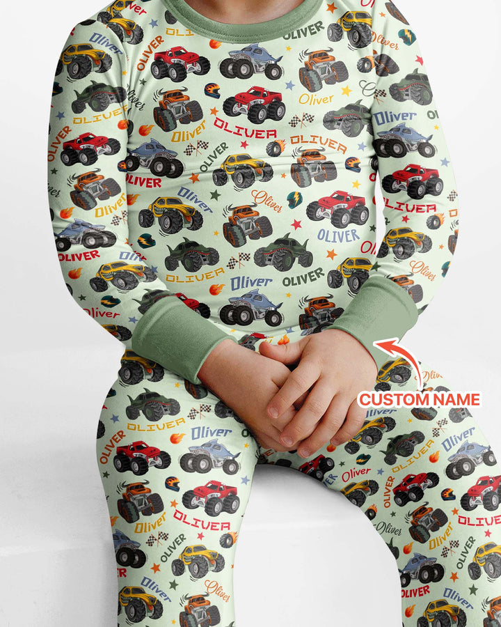 Personalized Monster Truck Bamboo Two Piece Long Sleeve Pajama Set