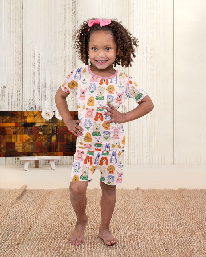 Whimsical Puppy Parade Family Matching Bamboo Two Piece Short Sleeve Shorts Pajama Set