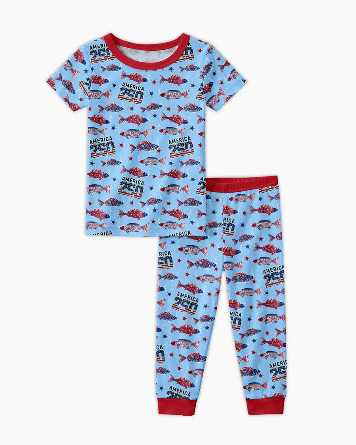 Stars and Stripes Fish Bamboo Two Piece Short Sleeve Pajama Set