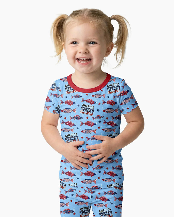 Stars and Stripes Fish Bamboo Two Piece Short Sleeve Pajama Set