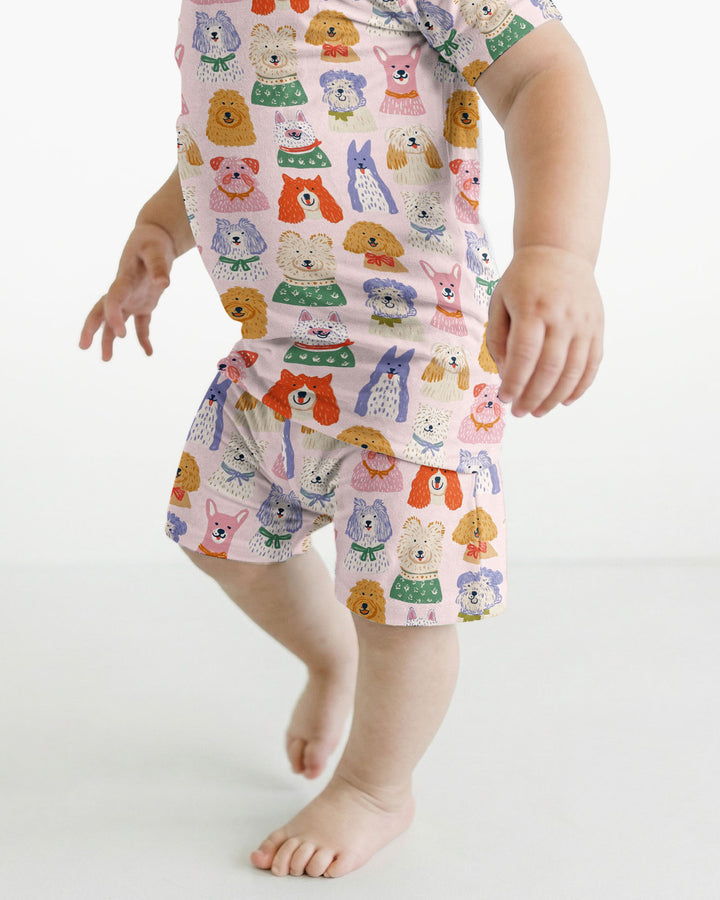 Whimsical Puppy Parade Family Matching Bamboo Two Piece Short Sleeve Shorts Pajama Set