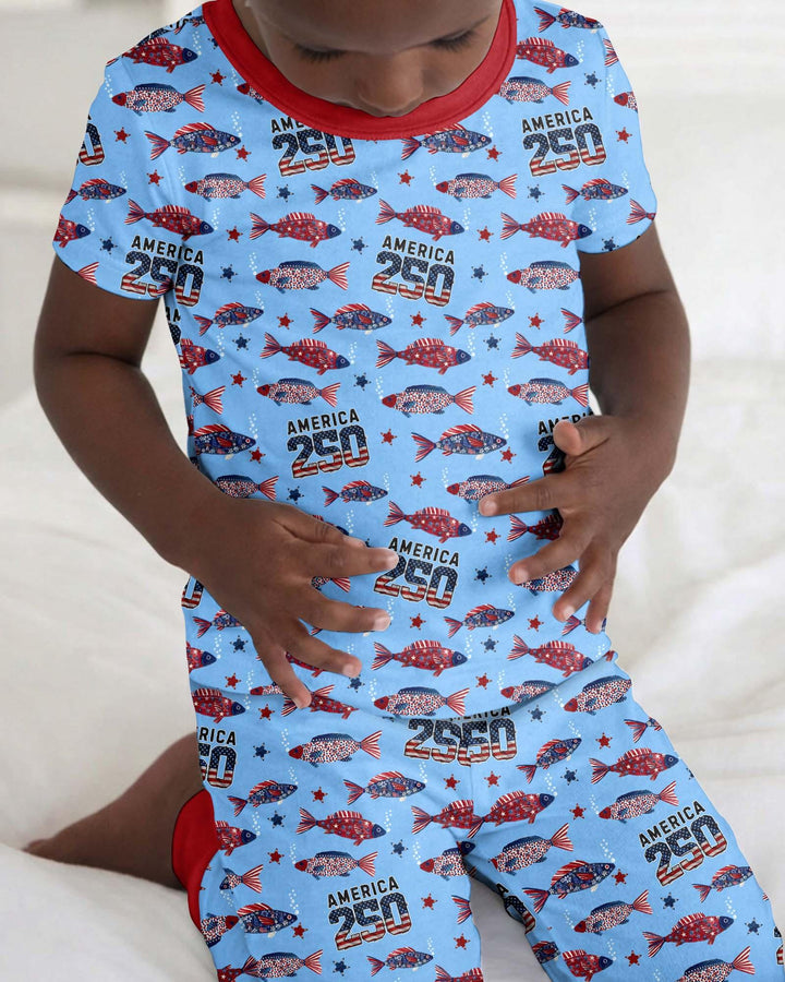 Stars and Stripes Fish Bamboo Two Piece Short Sleeve Pajama Set