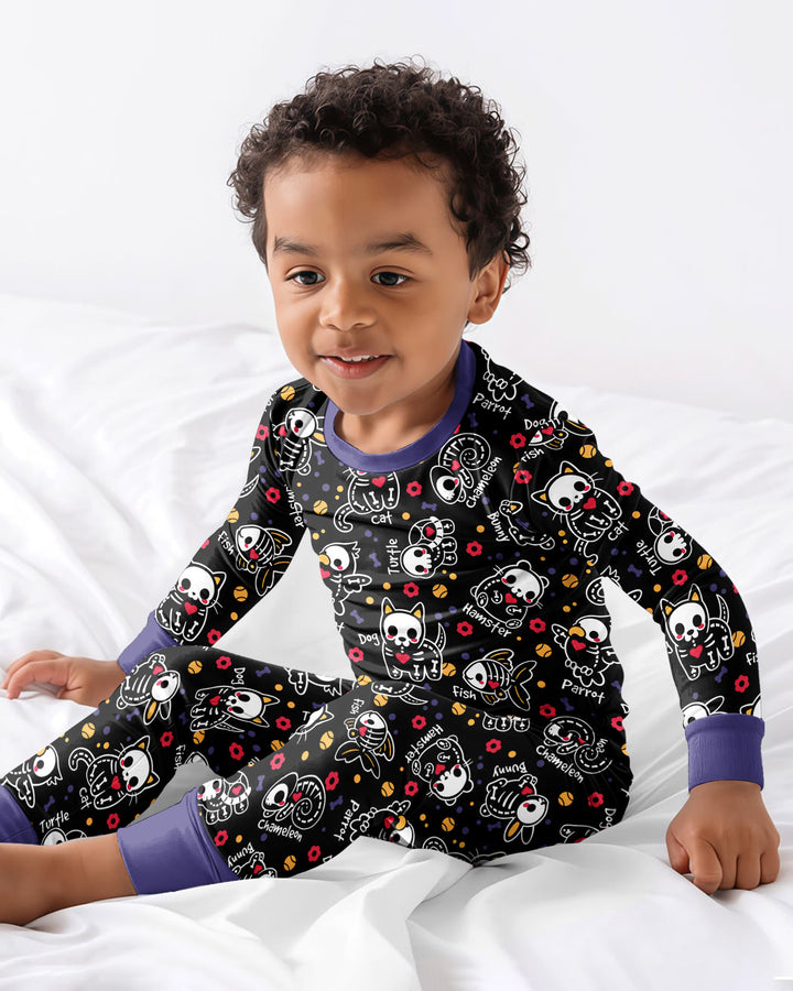 Kawaii Skeleton Pets Bamboo Two Piece Long Sleeve Pajama Set