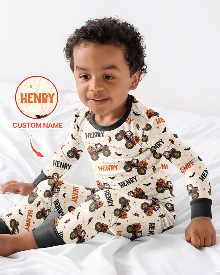 Custom Name Halloween Monster Truck Bamboo Two Piece Long Sleeve Pajama Set