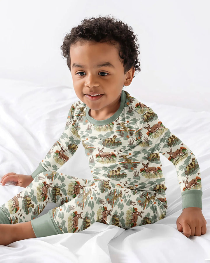 Vintage Hunting Season Daddy& Me Matching Bamboo Two Piece Long Sleeve Pajama Set