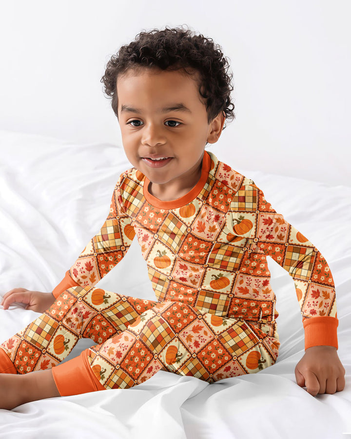 Fall Vintage Patchwork Bamboo Two Piece Long Sleeve Pajama Set