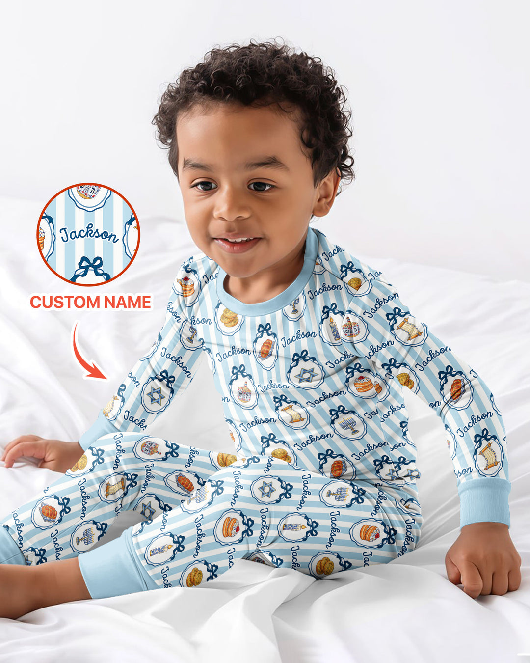 Custom Name Hanukkah Striped Bamboo Two Piece Long Sleeve Pajama Set
