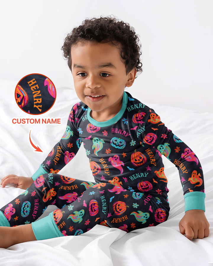 Custom Name Preppy Neon Pumpkin Bamboo Two Piece Long Sleeve Pajama Set