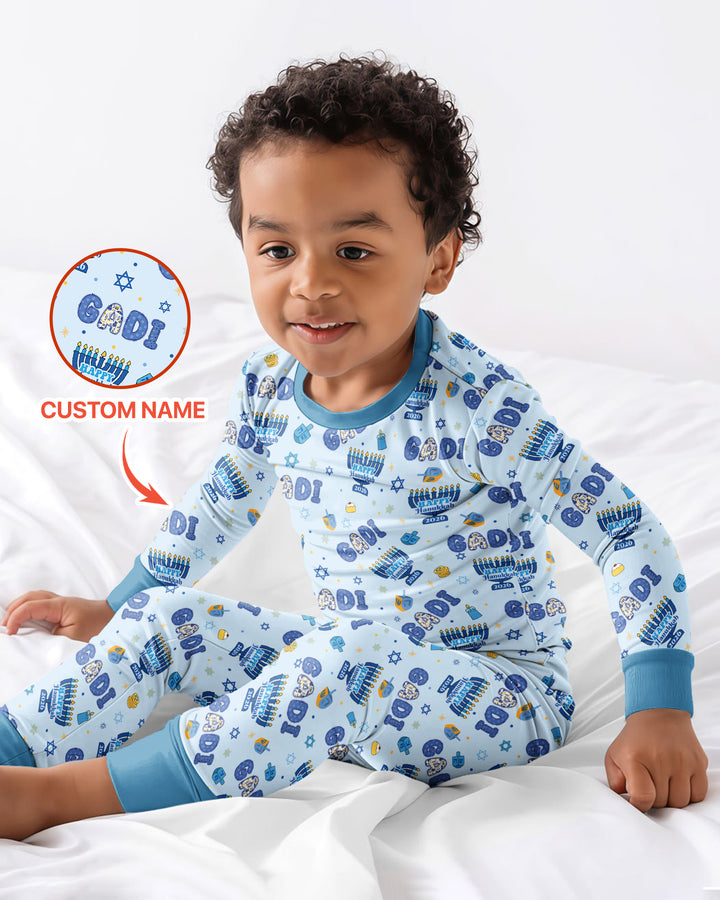 Custom name Happy Hanukkah 2026 Bamboo Two Piece Long Sleeve Pajama Set