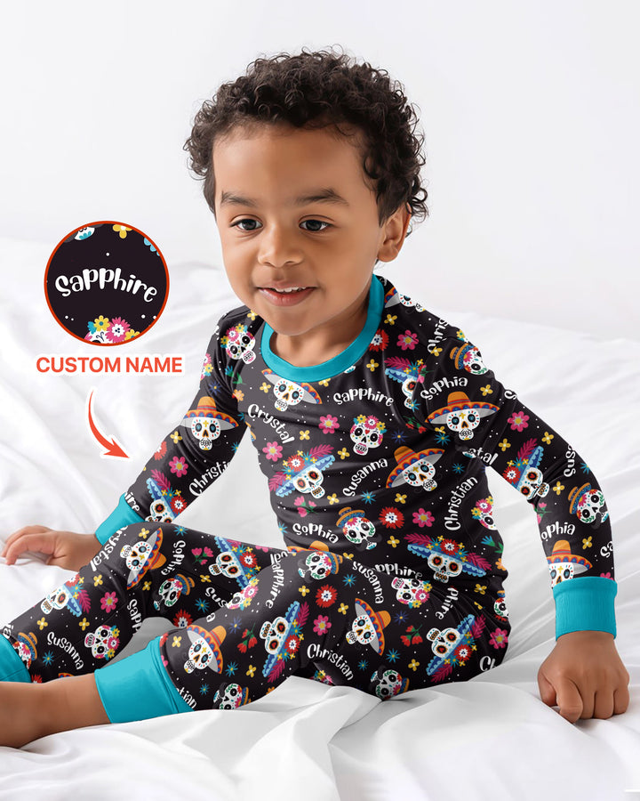 Custom Name Dia De Los Muertos Bamboo Two Piece Long Sleeve Pajama Set