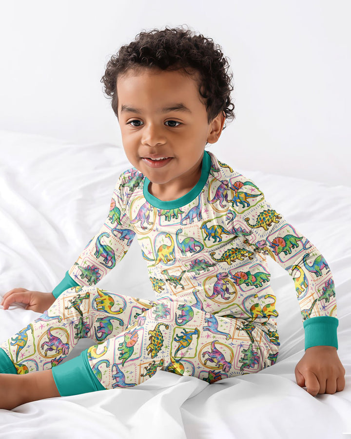 Colorful Dino Sketchbook Bamboo Two Piece Long Sleeve Pajama Set