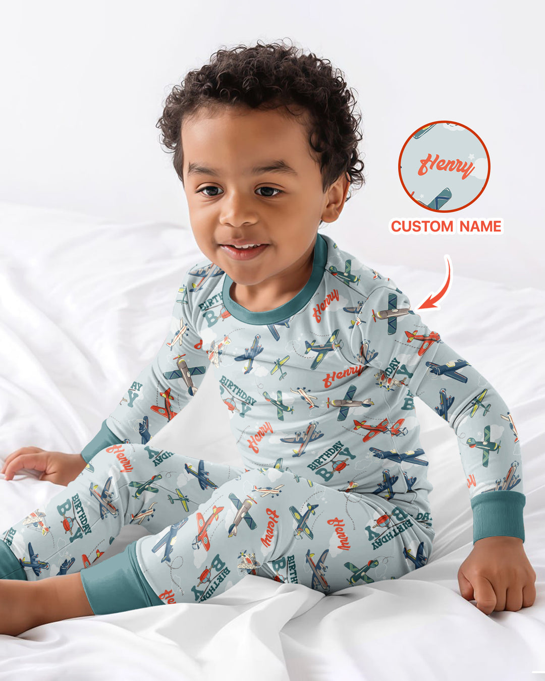 Personalized Airplane Birthday Boy Bamboo Two Piece Long Sleeve Pajama Set