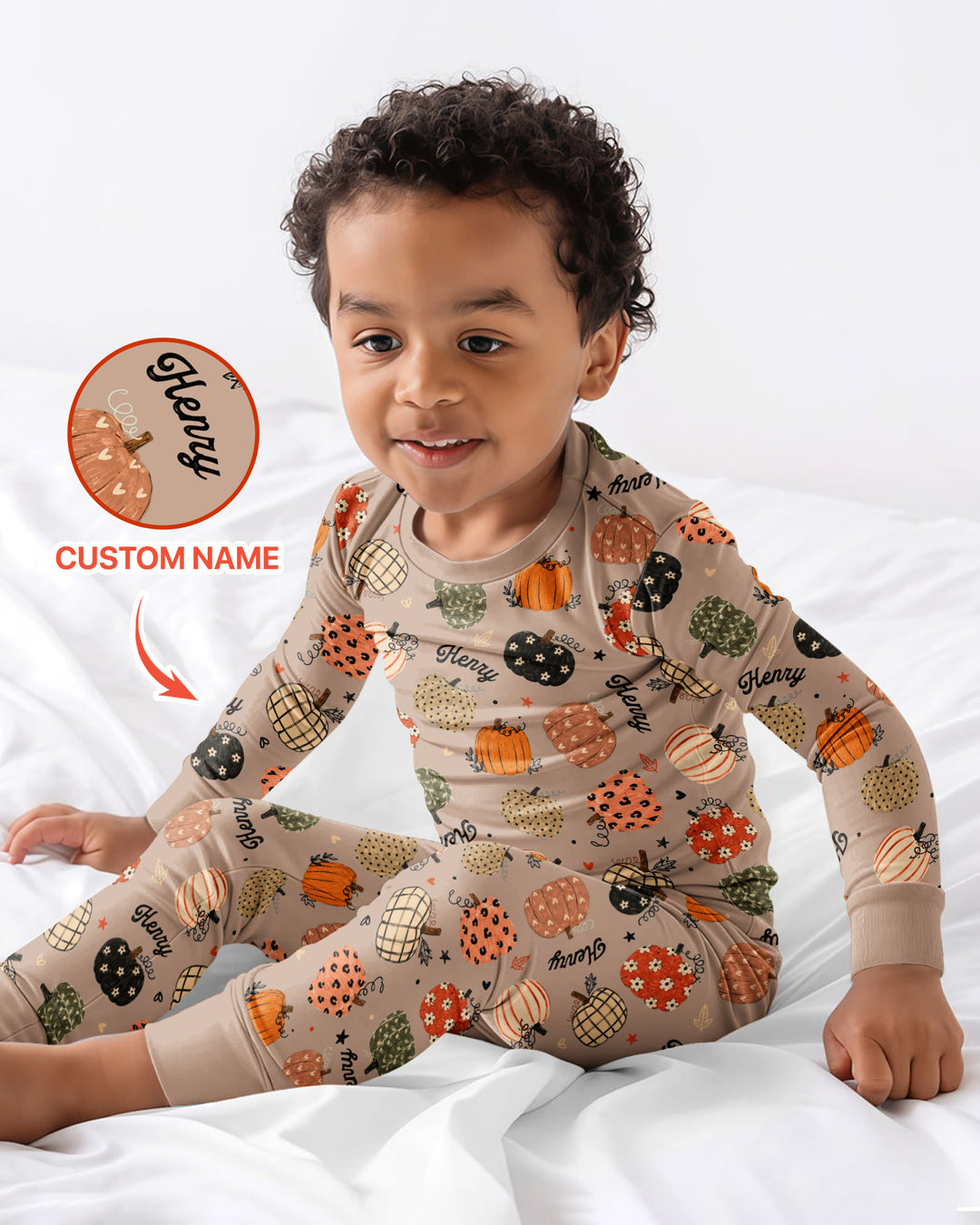 Custom Name Boho Pumpkin Bamboo Two Piece Long Sleeve Pajama Set