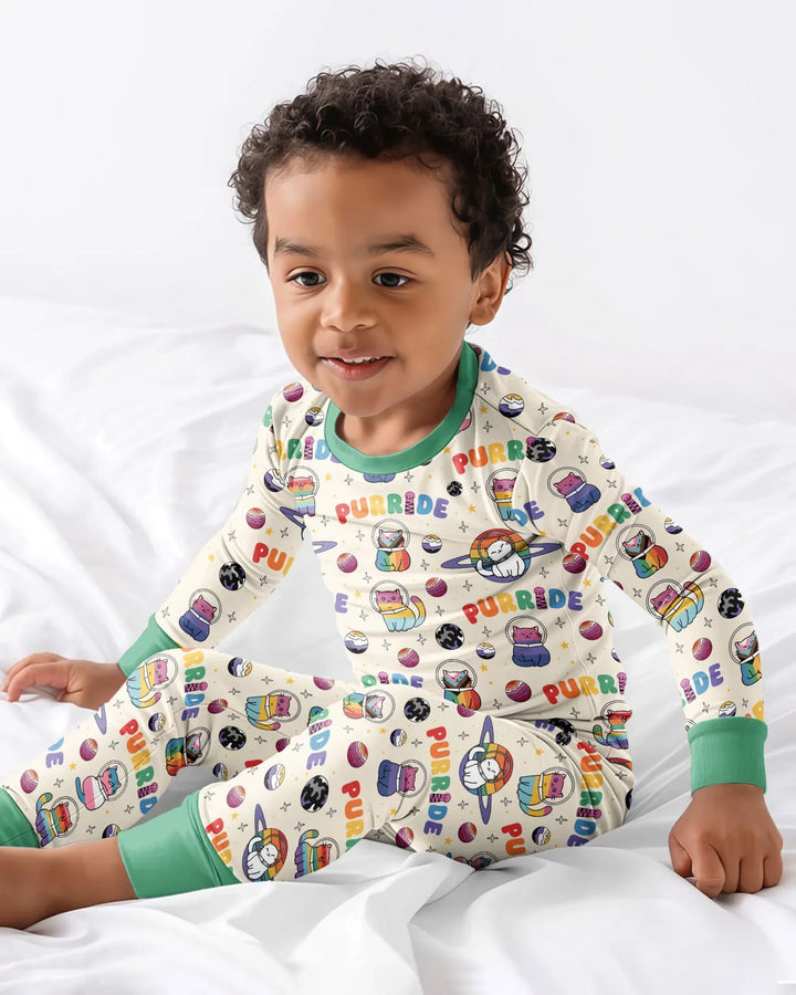 Rainbow Space Cats Family Matching Bamboo Two Piece Long Sleeve Pajama Set