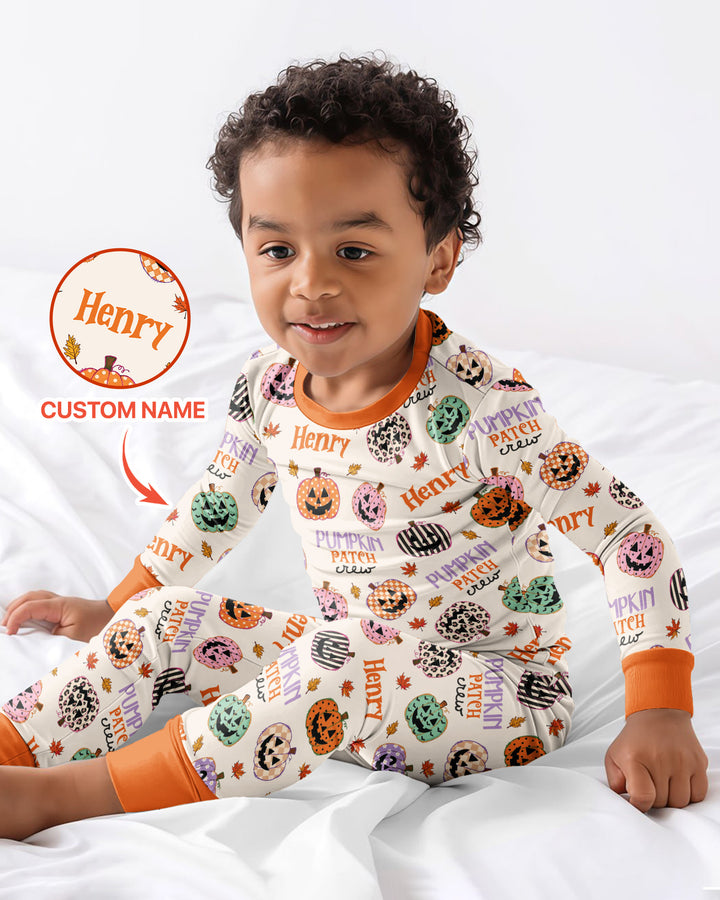 Custom Name Pumpkin Patch Crew Bamboo Two Piece Long Sleeve Pajama Set