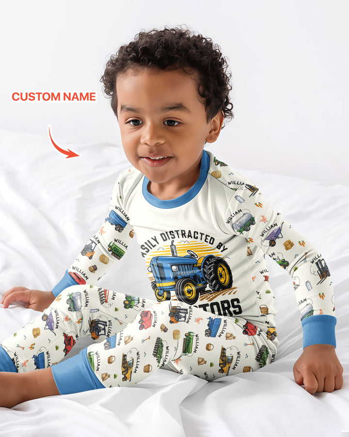 Easily Distracted By Tractors Custom Name Bamboo Two Piece Long Sleeve Pajama Set