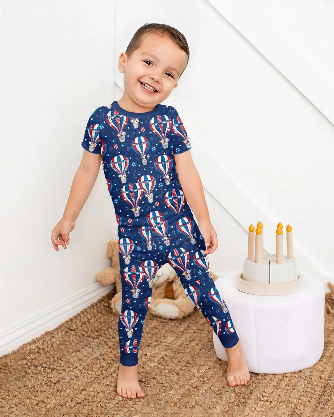 Patriotic Pups in Hot Air Balloons Family Matching Bamboo Two Piece Short Sleeve Pajama y)