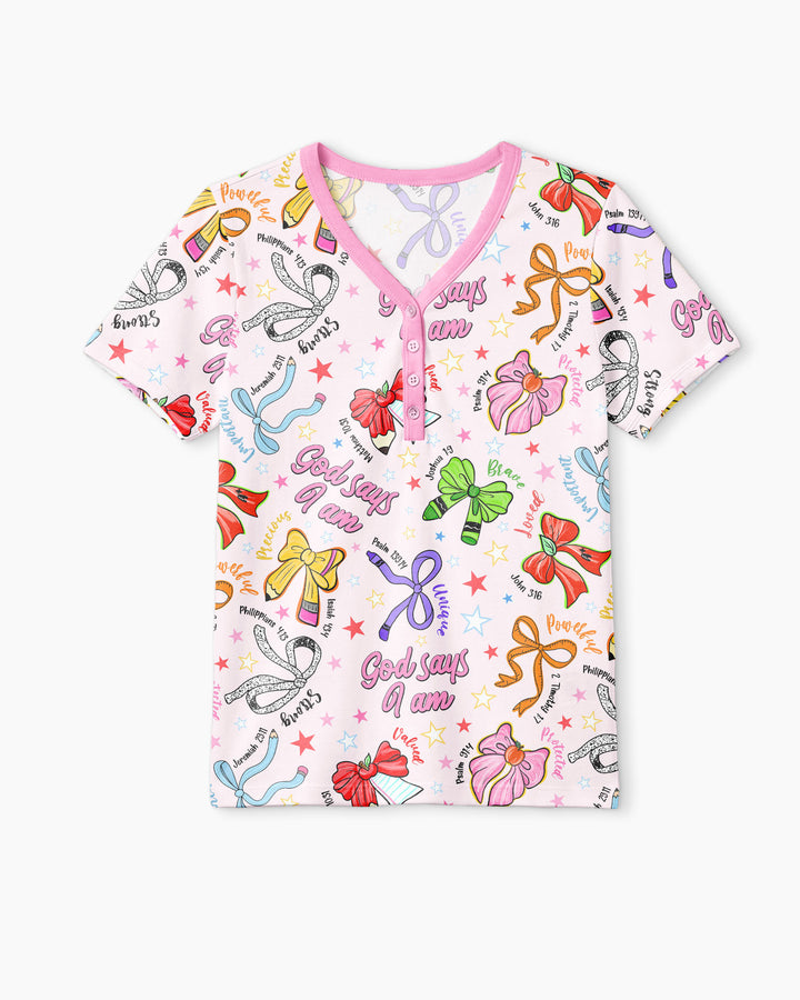 Pencil Bows God Says I Am Bamboo Women Short Sleeve Short Pajama Set