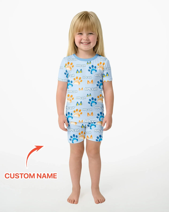 Custom Name Favourite Blue Dog Family Matching Bamboo Two Piece Short Sleeve Shorts Pajama Set