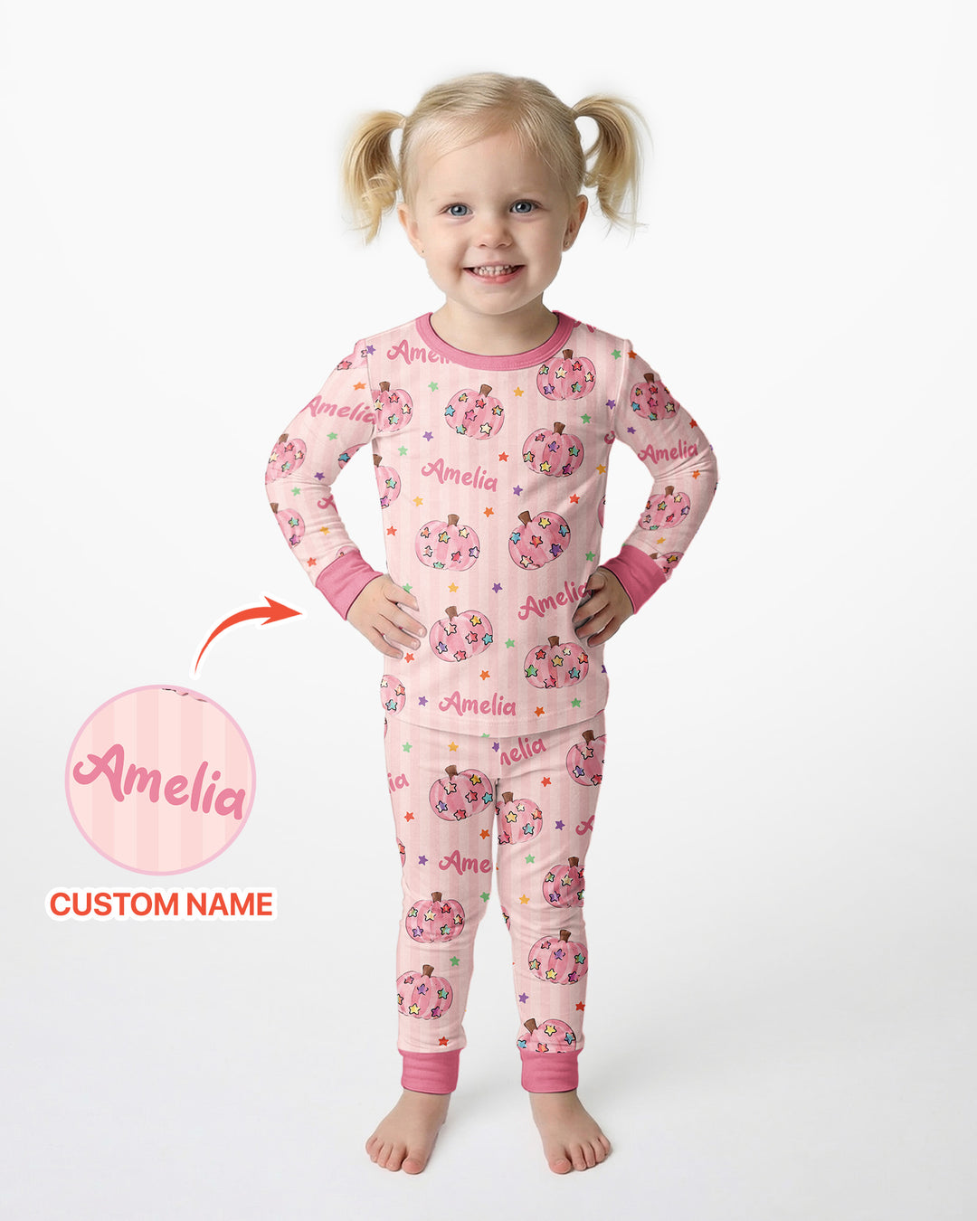 Colorful Star Pumpkin Custom Name Bamboo Two Piece Long Sleeve Pajama Set
