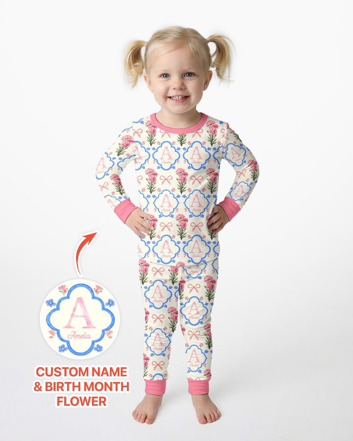 Personalized Birth Flower Mommy And Me Matching Bamboo Two Piece Long Sleeve Pajama Set