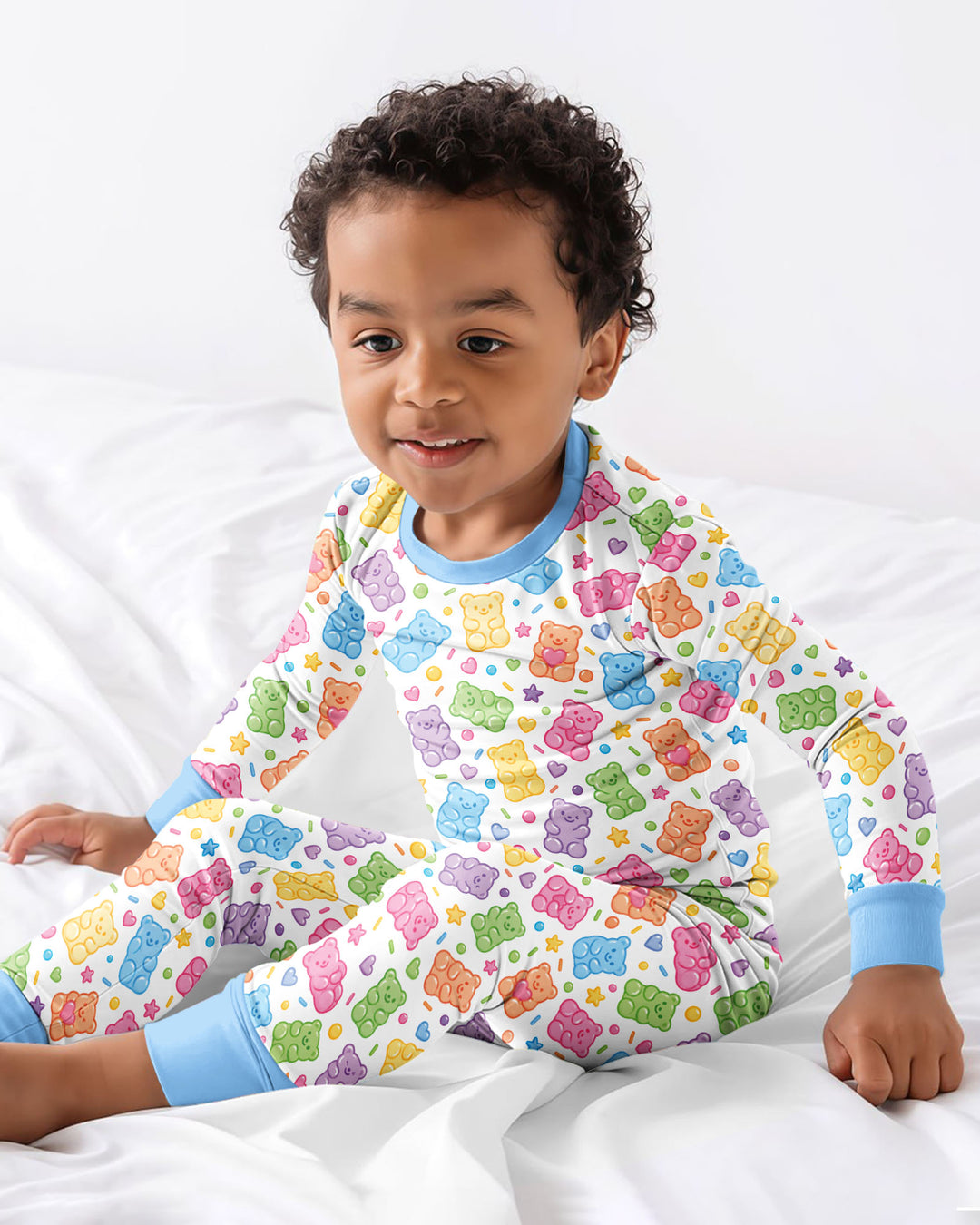 Cute Pastel Colorful Gummy Bears Bamboo Two Piece Long Sleeve Pajama Set