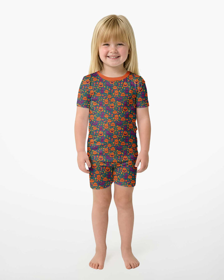 Cats and Pumpkins Bamboo Two Piece Short Sleeve Shorts Pajama Set