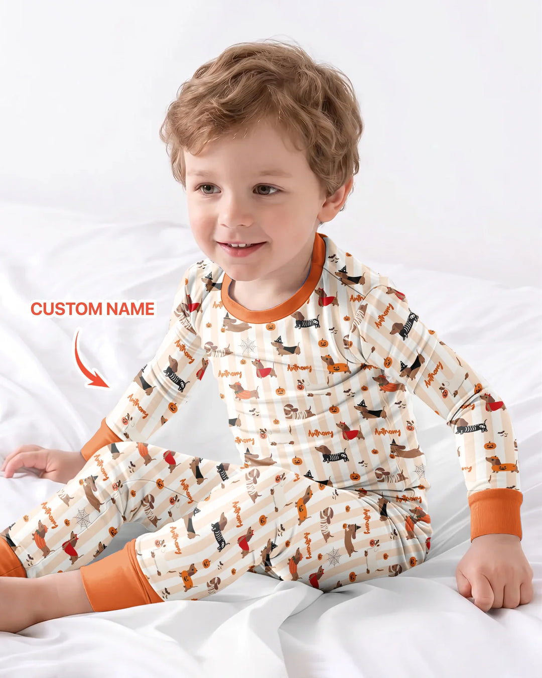 Custom Name Boo Crew Halloween Dachshund  Bamboo Two Piece Long Sleeve Pajama Set