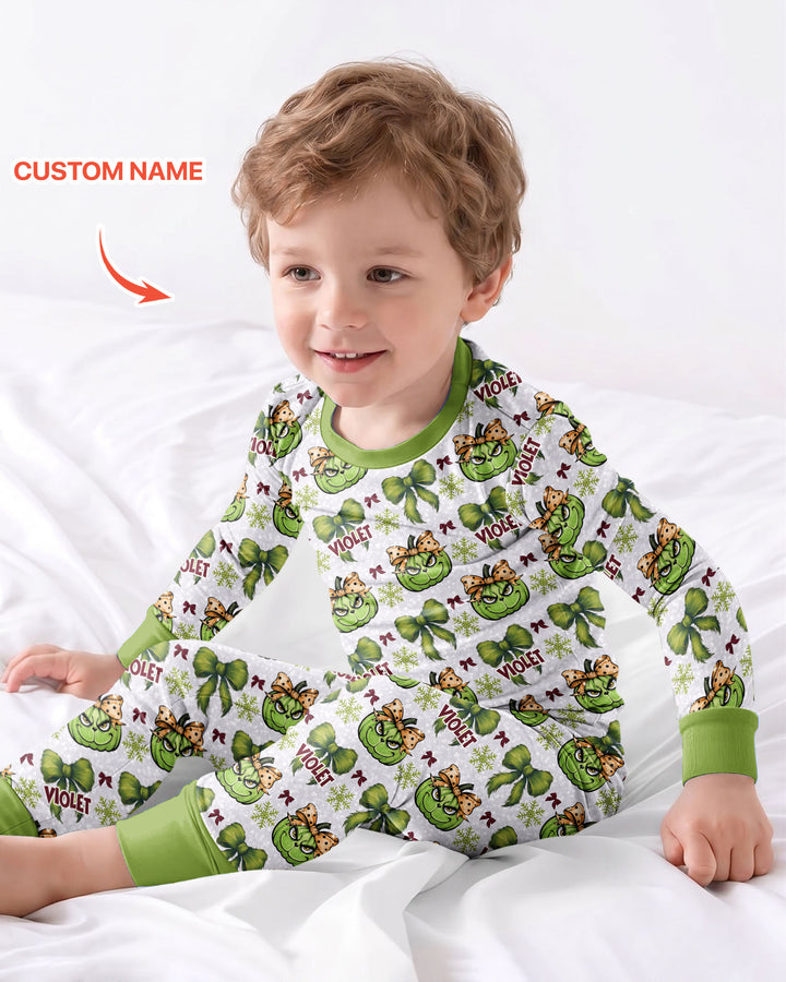 Custom Name Grumpy Green Christmas Bamboo Two Piece Long Sleeve Pajama Set