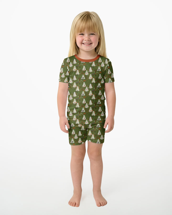 Cute Ghost Halloween Moss Green Floral Bamboo Two Piece Short Sleeve Shorts Pajama Set