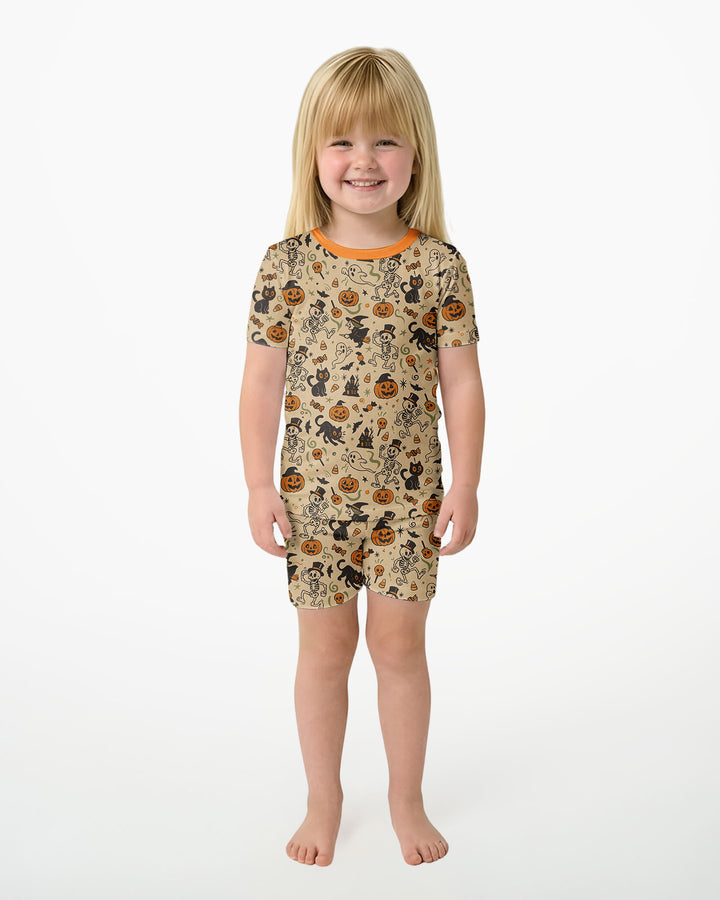 Vintage Skeleton Pumpkin Halloween Bamboo Two Piece Short Sleeve Shorts Pajama Set
