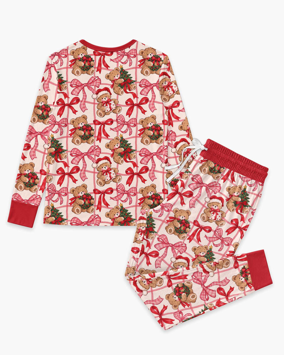 Pink Christmas Teddy Bear Plaid Mommy & Me Matching Bamboo Women Pajama Set