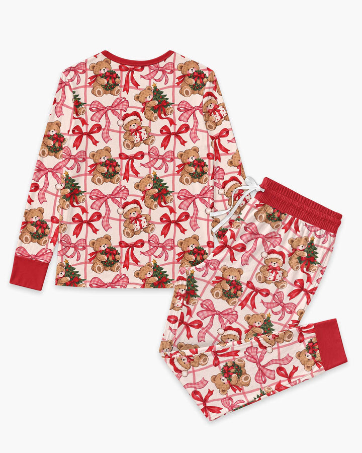 Pink Christmas Teddy Bear Plaid Mommy & Me Matching Bamboo Women Pajama Set