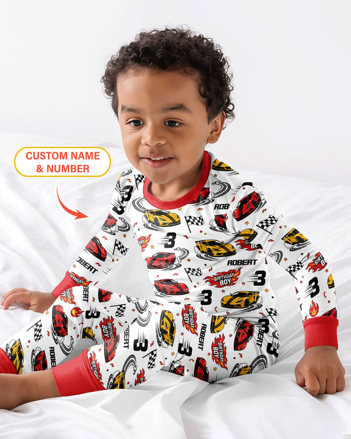 Personalized Racing Car Birthday Boy Bamboo Two Piece Long Sleeve Pajama Set