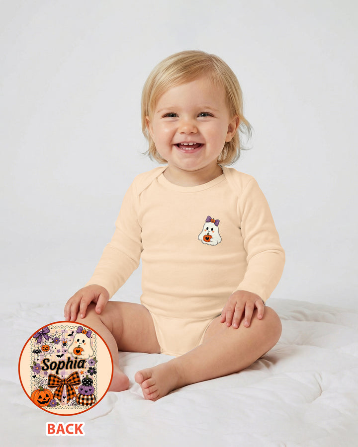 Custom Name Cute Ghost Pumpkin Spooky Season Bamboo Bodysuit