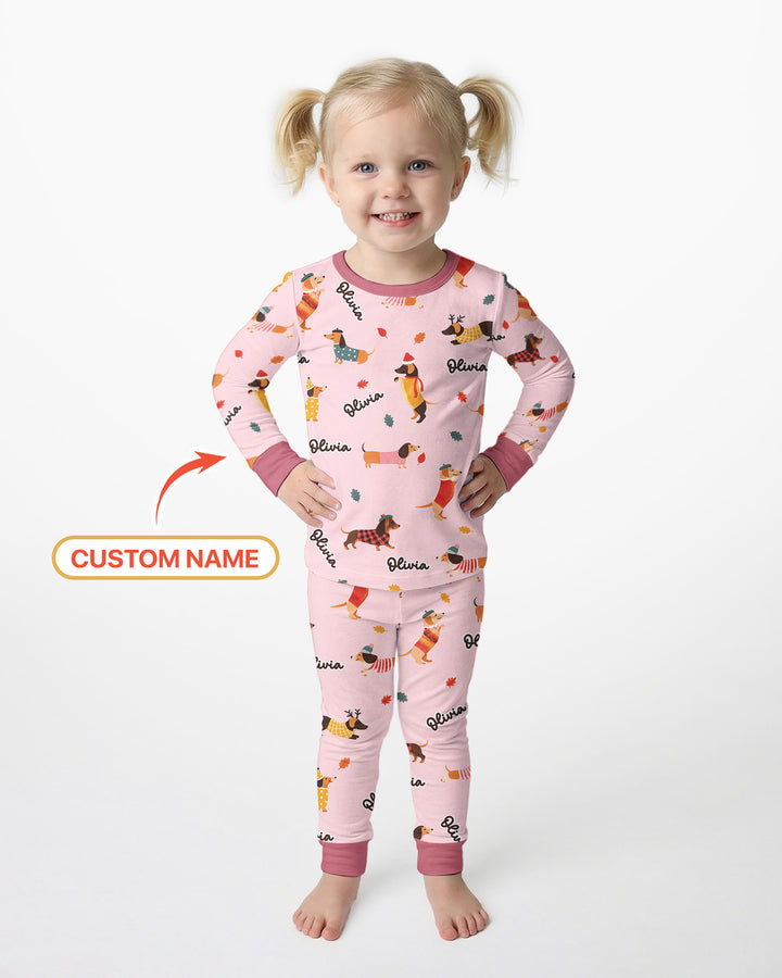 Autumn Dachshund Kids Bamboo Two Piece Long Sleeve Pajama Set