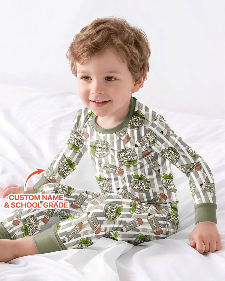 Custom Name Camo Apple Days Bamboo Two Piece Long Sleeve Pajama Set