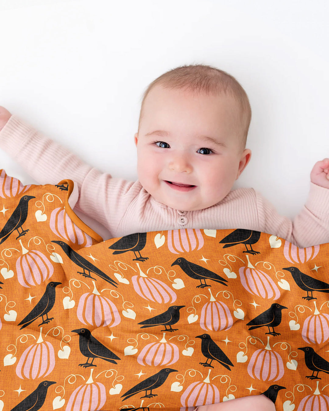 Ravens in a Pumpkin Patch - Orange Pink Bamboo Blanket