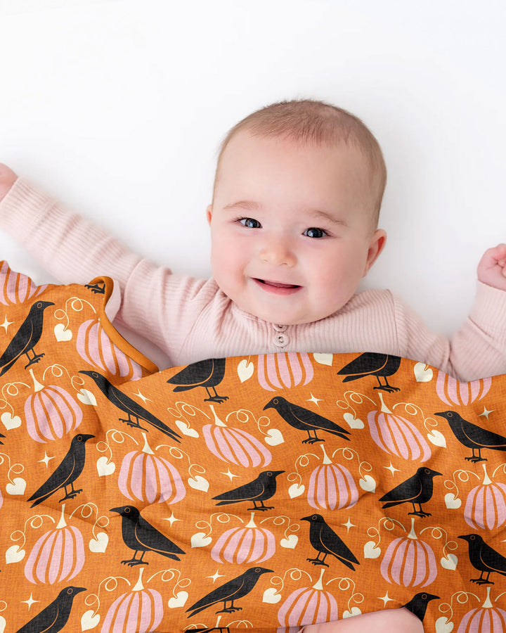 Ravens in a Pumpkin Patch - Orange Pink Bamboo Blanket