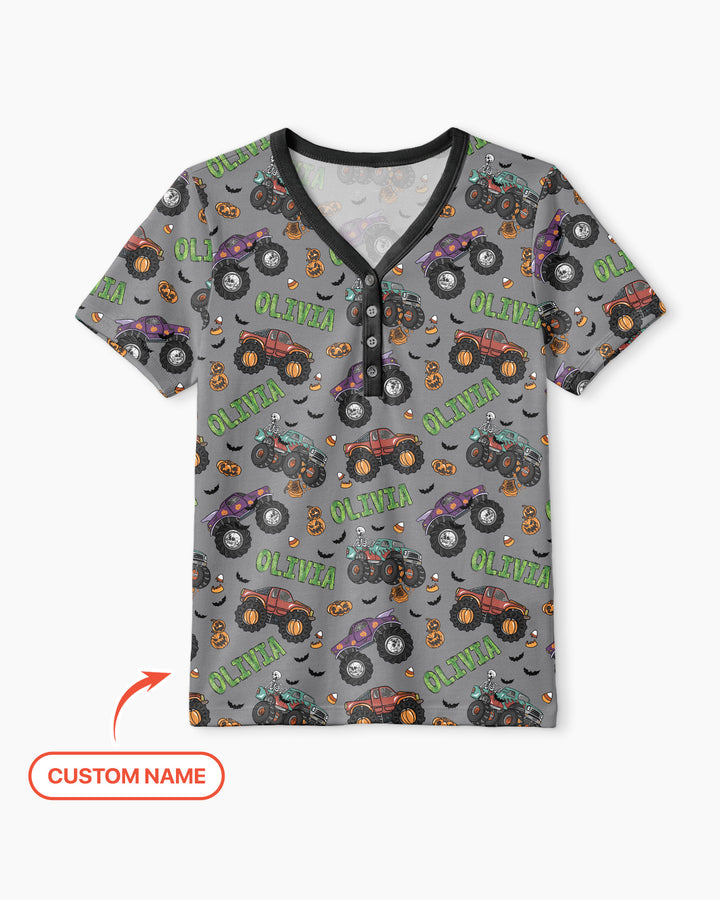 Custom Name Haunted Monster Trucks  Bamboo Women Short Sleeve Short Pajama Set
