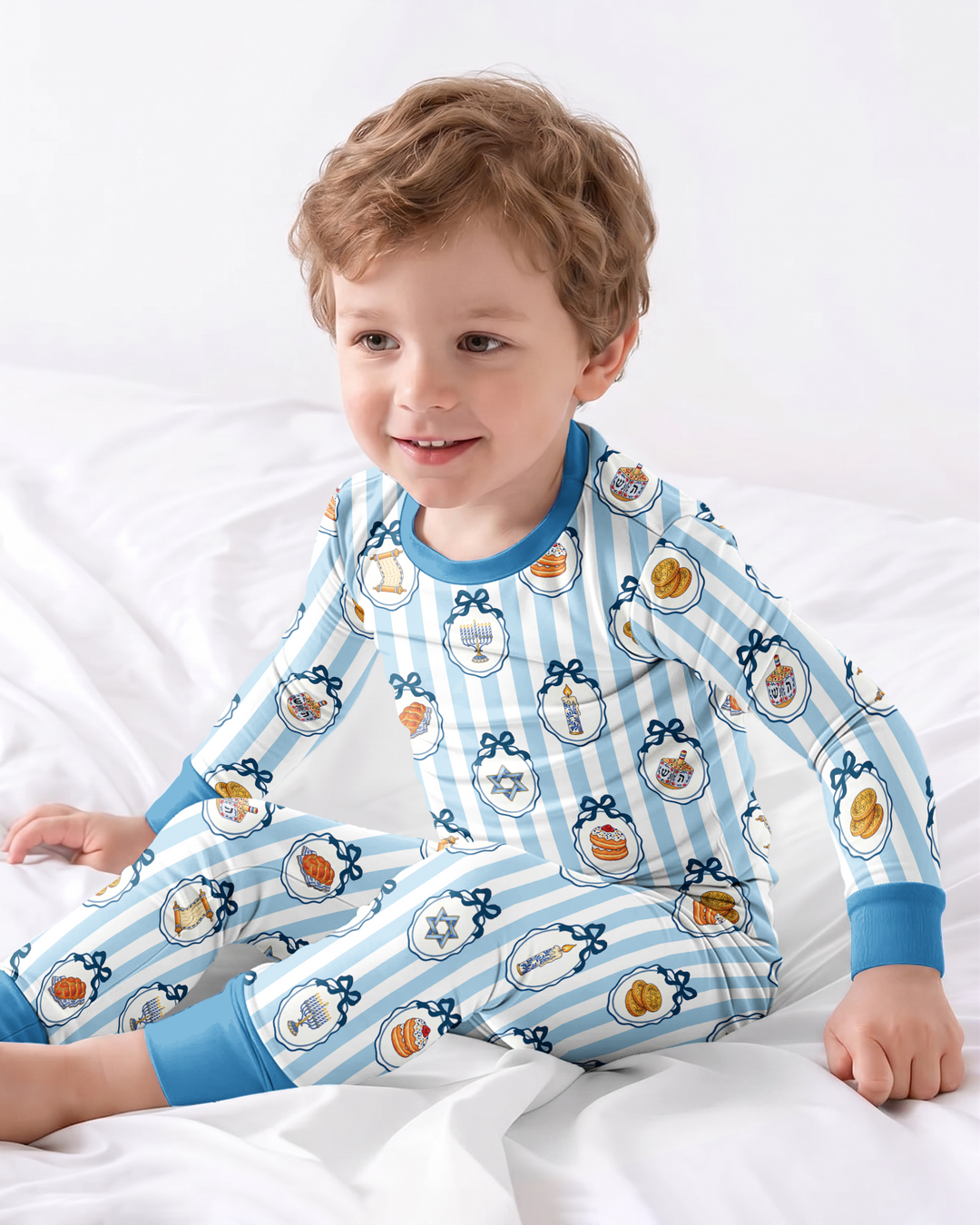 Blue White Jewish Holiday Bamboo Two Piece Long Sleeve Pajama Set