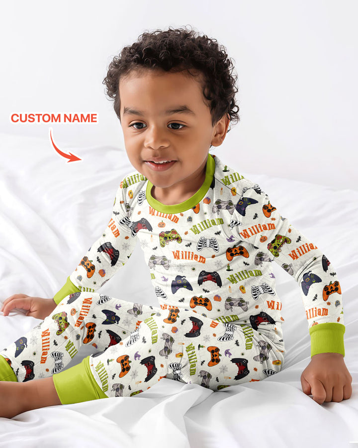Custom Name Halloween Gaming Controllers Bamboo Two Piece Long Sleeve Pajama Set