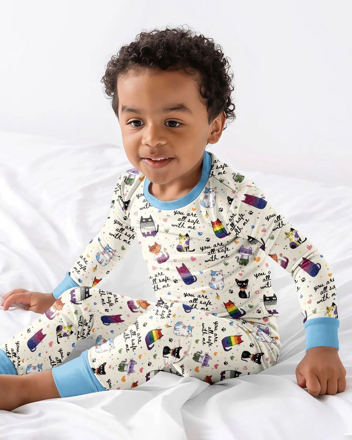 Loved & Safe Kitties Family Matching Bamboo Two Piece Long Sleeve Pajama Set