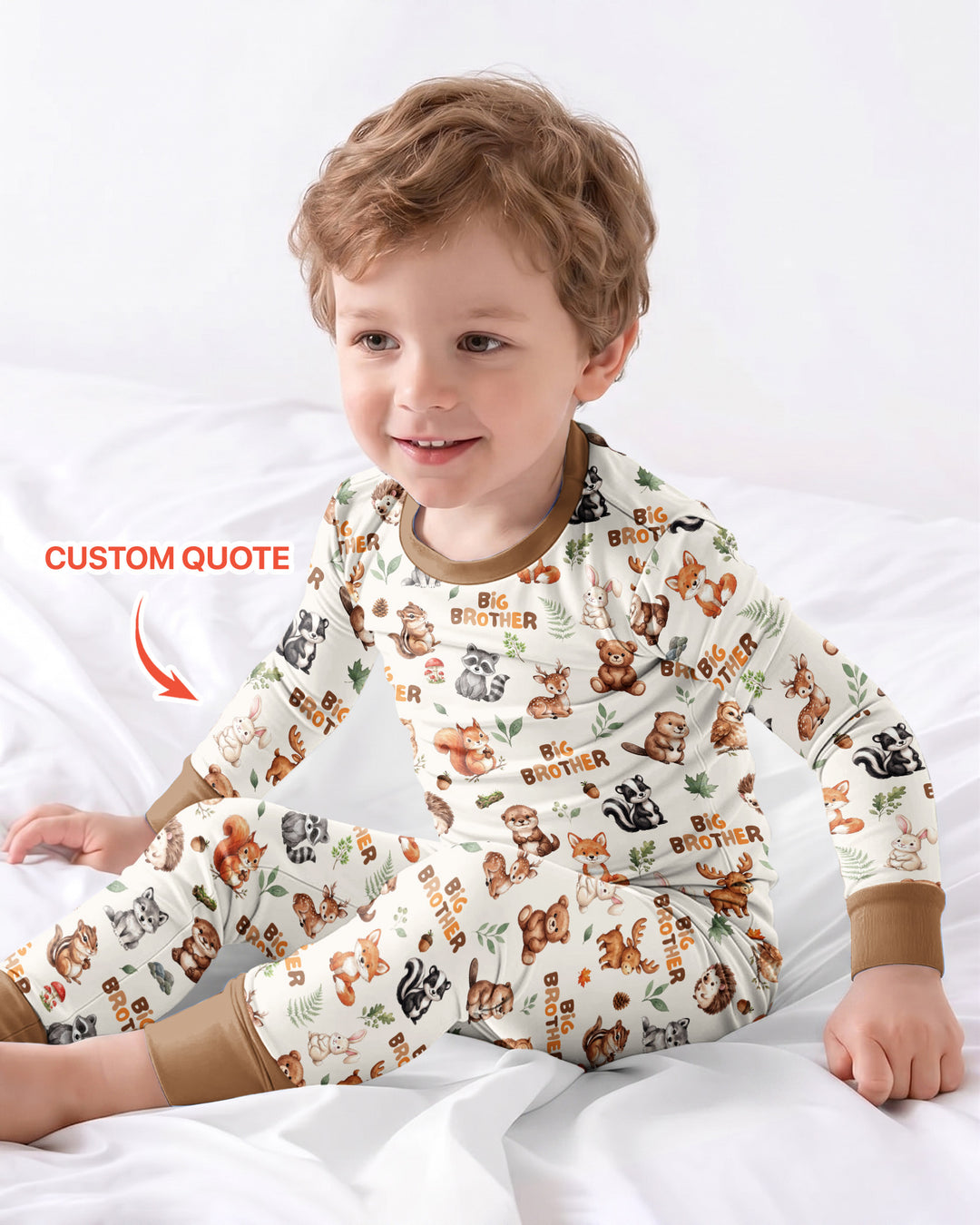 Custom Quote Woodland Animal Matching Sibling Bamboo Two Piece Long Sleeve Pajama Set