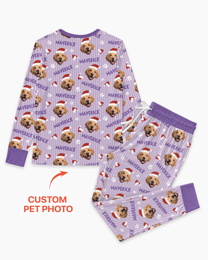 Custom Pet Photo Christmas Paws Stripe Bamboo Women Pajama Set