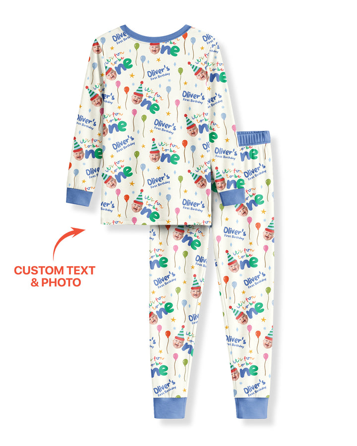 Custom Photo First Birthday Fun Bamboo Two Piece Long Sleeve Pajama Set