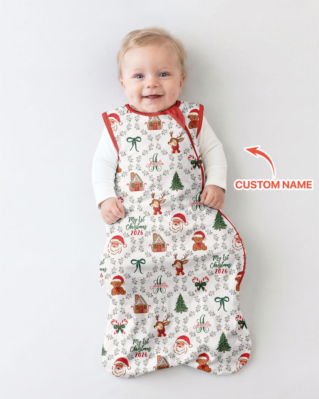 Custom name "Fancy Monogram Red Christmas 2026" Bamboo Sleep Bag