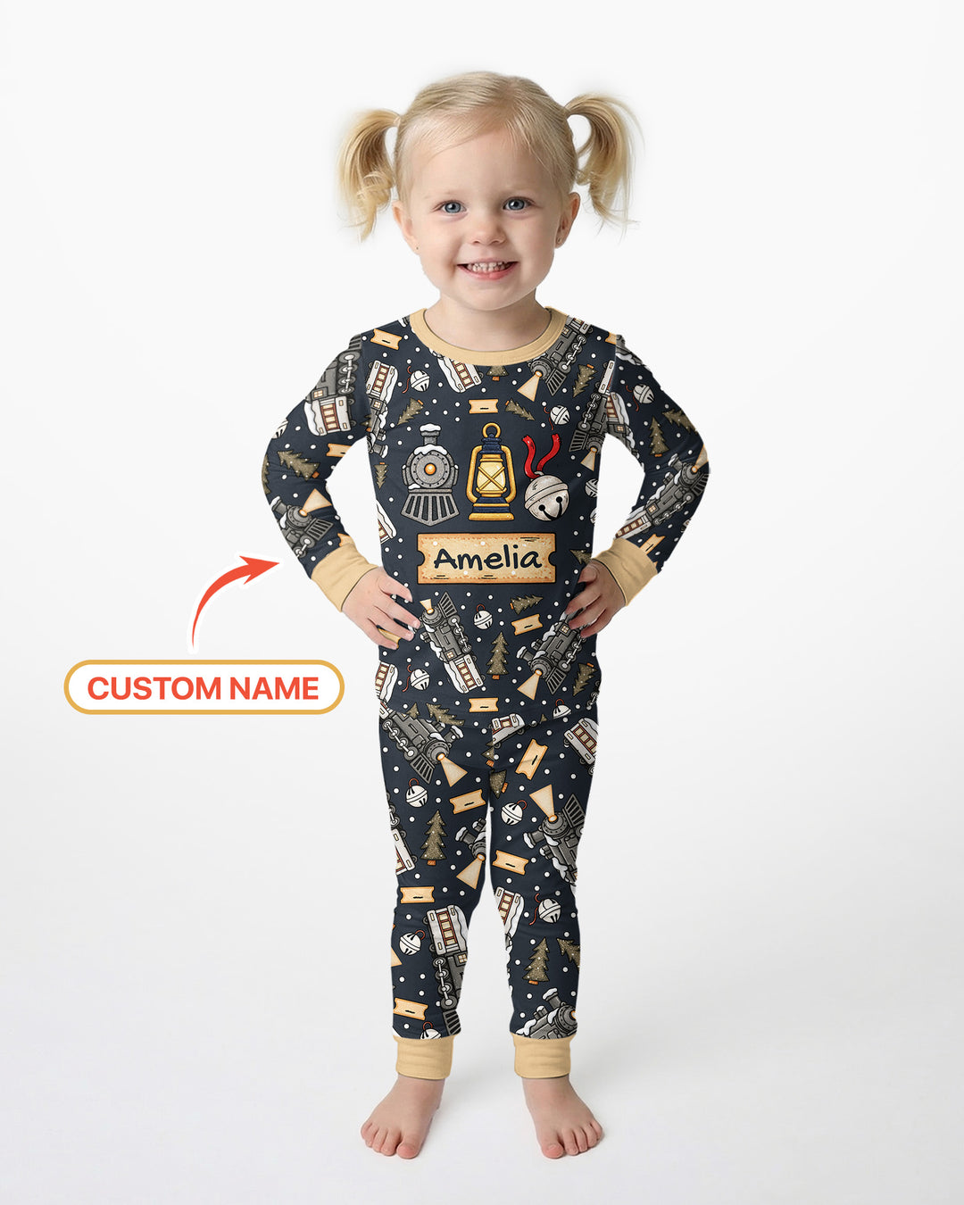 Custom Name Believe Kid Train Bamboo Two Piece Long Sleeve Pajama Set