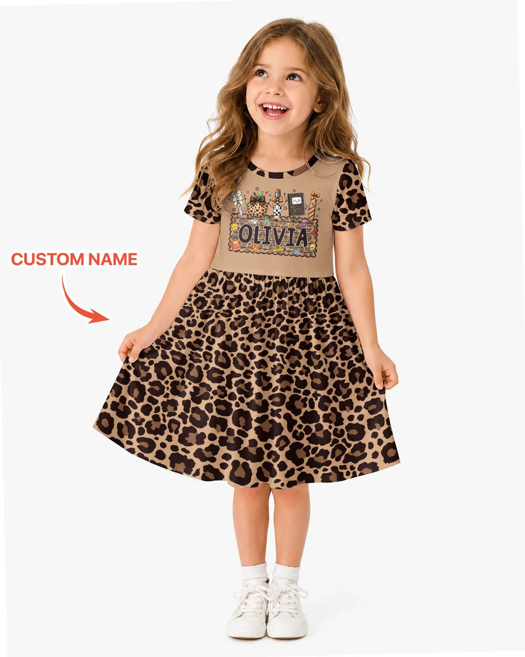 Custom Name School Sweetheart Leopard Bamboo Twirl Dress