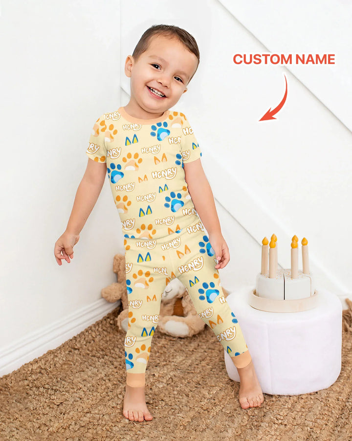 Custom Name Favourite Blue Dog Family Matching Bamboo Two Piece Short Sleeve Pajama Set